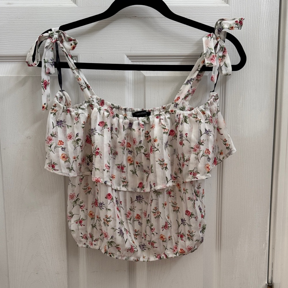F21 White Ruffle Floral Sheer Off-The-Shoulder Tie Strap Tank Top (size M)